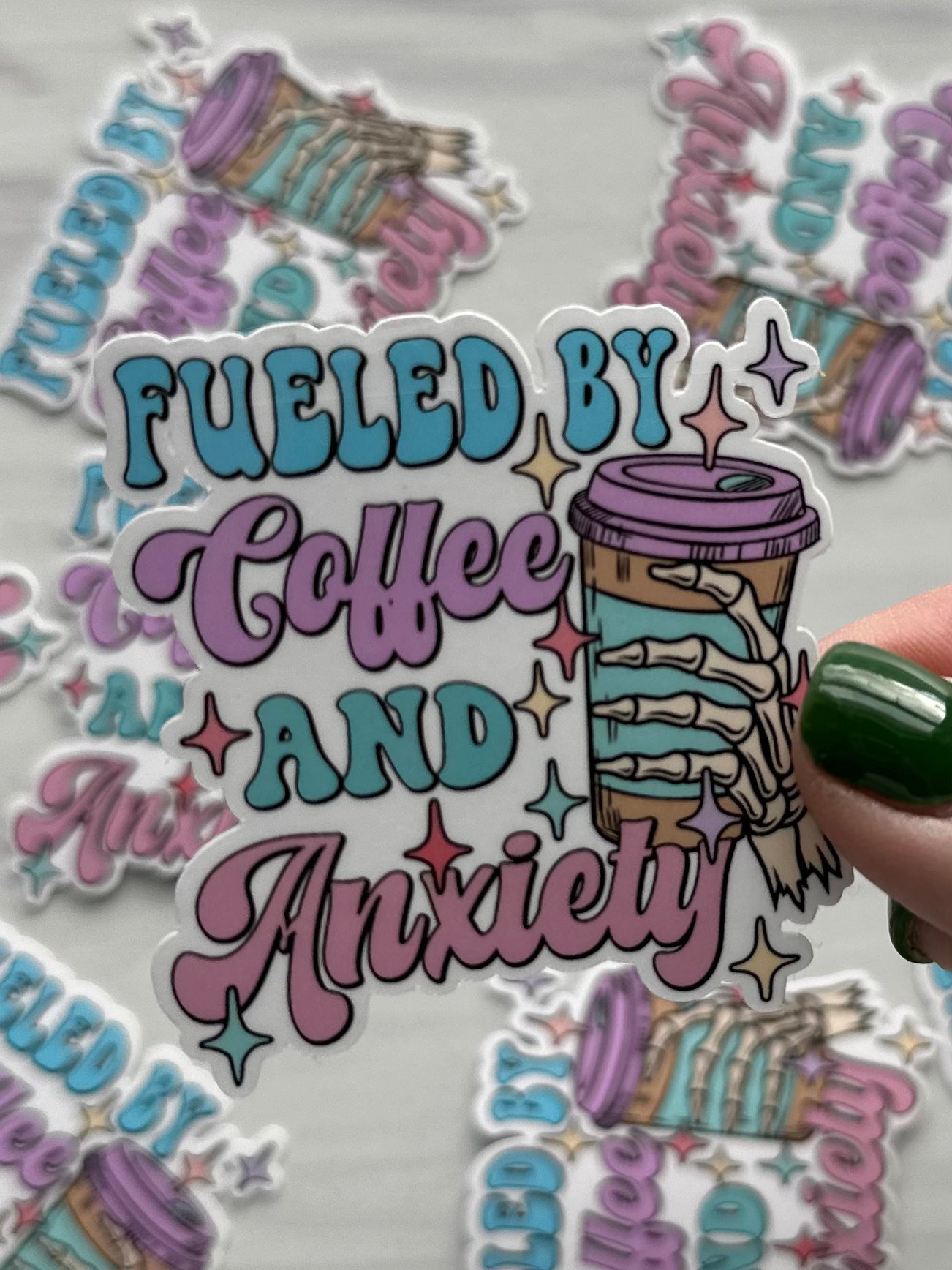 Fueled By Coffee and Anxiety Skeleton Hand Sticker (small)