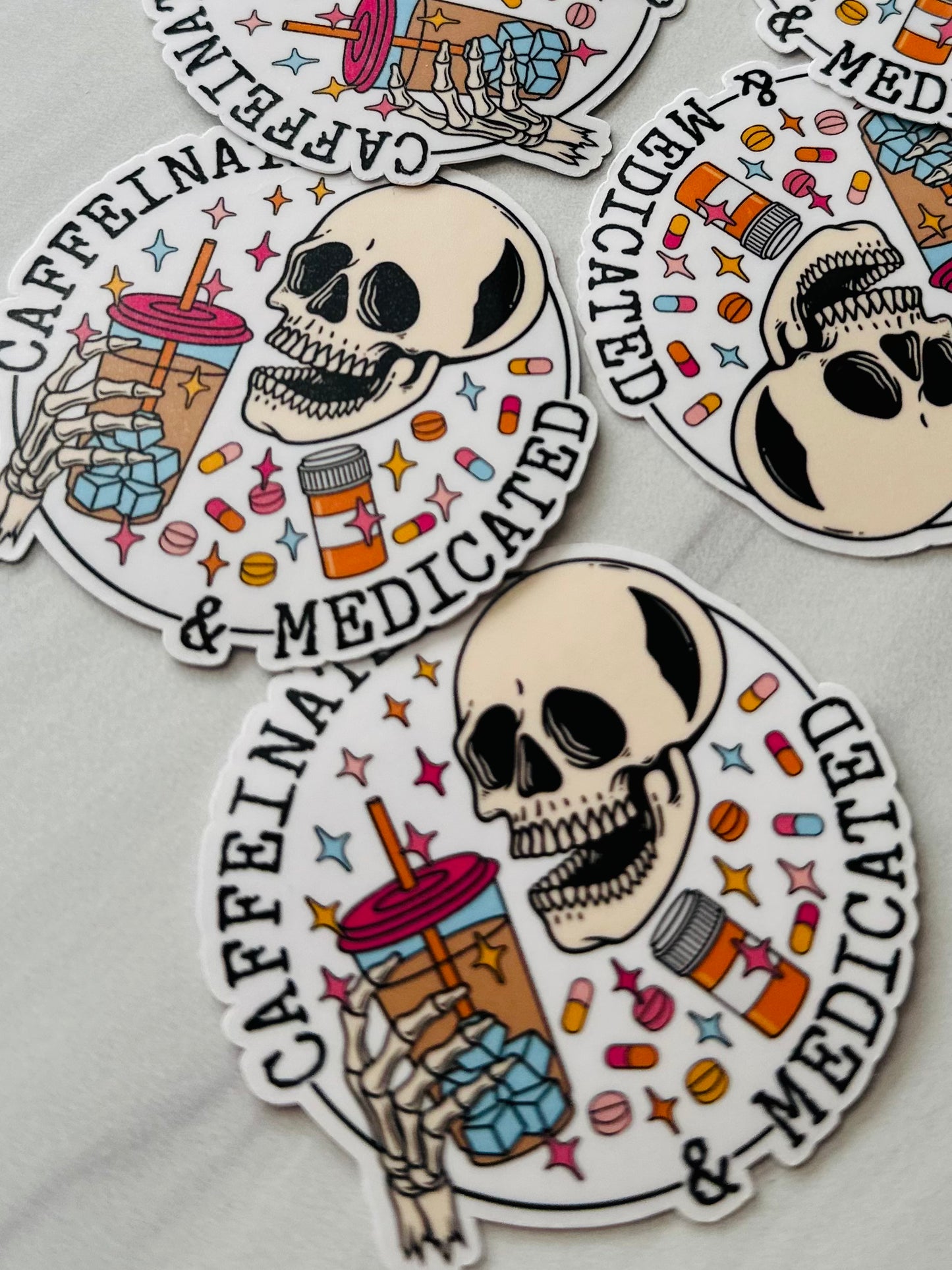 Caffeinated and Medicated Skeleton Coffee Sticker