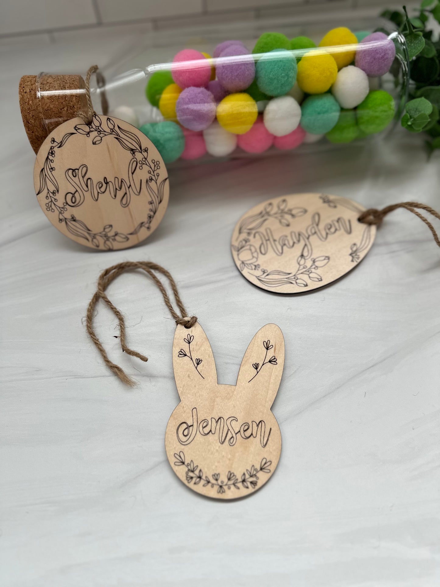 Personalized Wood Easter Name Tag - Floral Bunny Ears