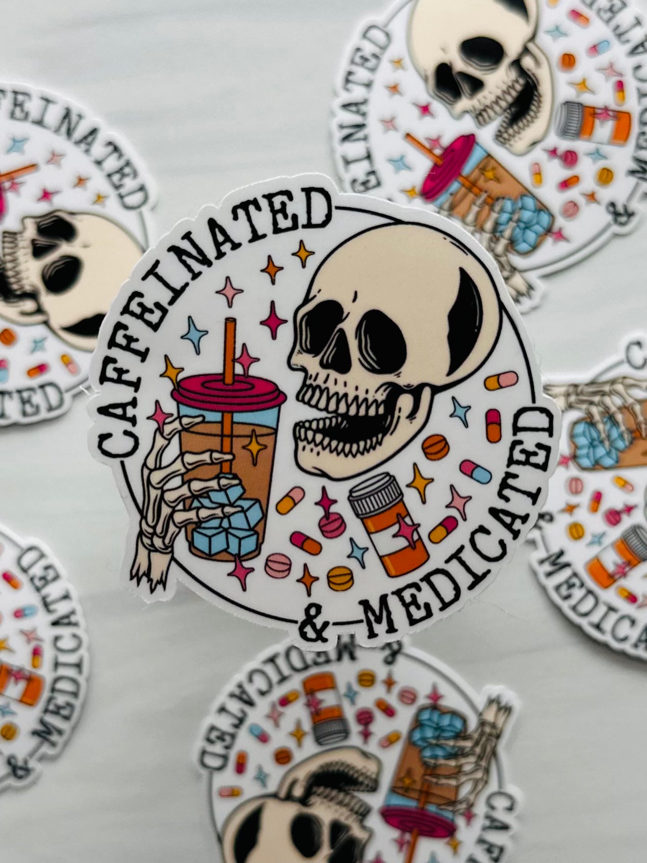 Caffeinated and Medicated Skeleton Coffee Sticker