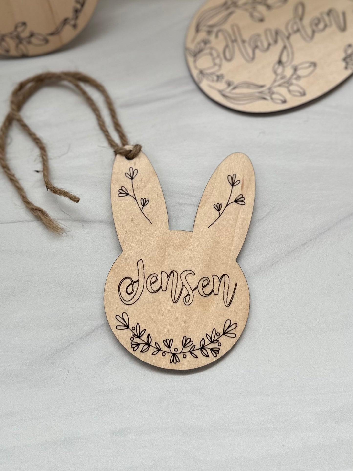 Personalized Wood Easter Name Tag - Floral Bunny Ears