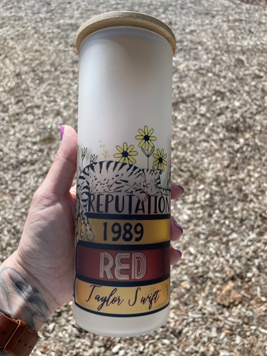 25oz glass Swiftie inspired can with lid