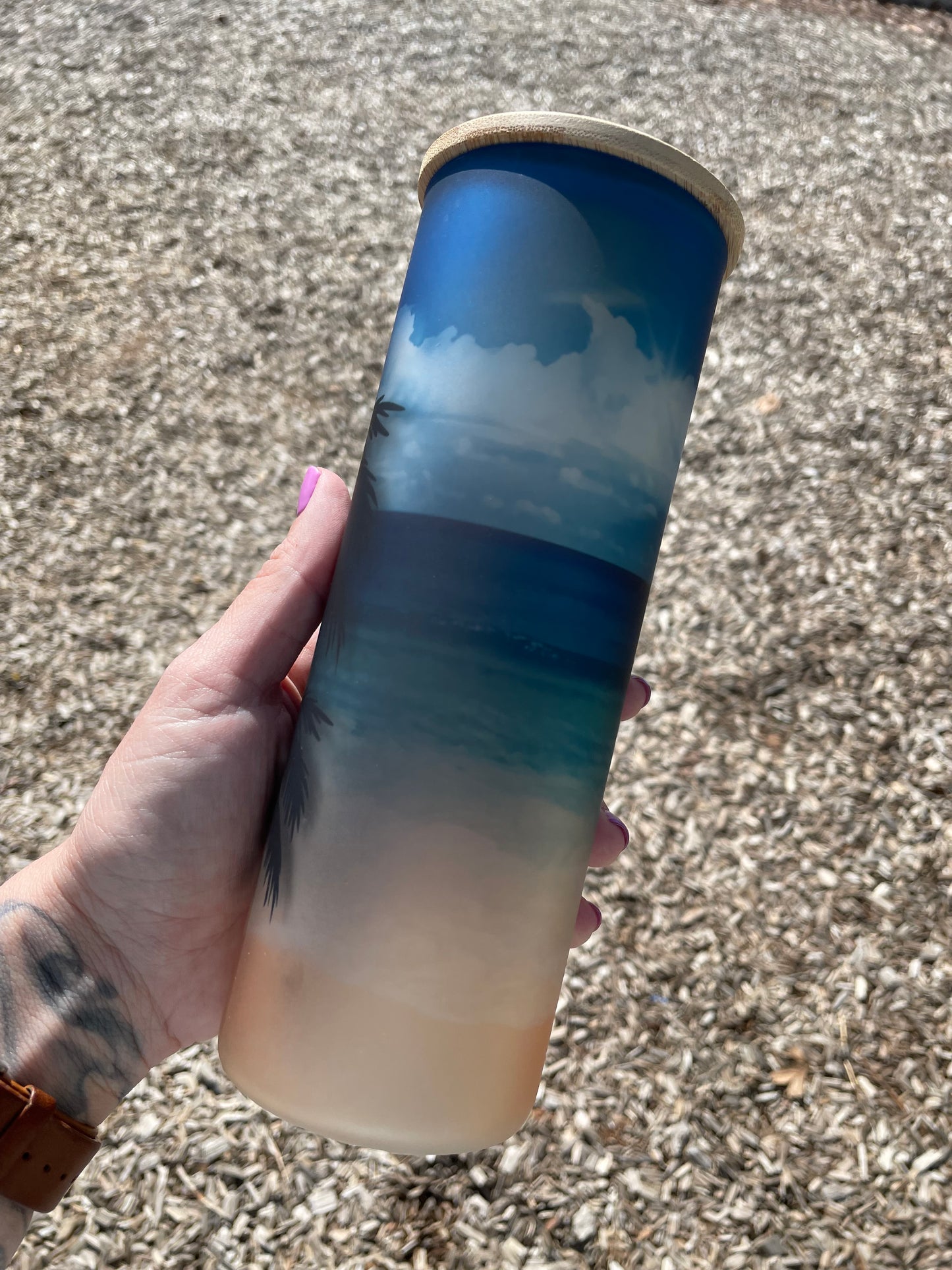 25oz palms and blue skies glass can with lid and straw