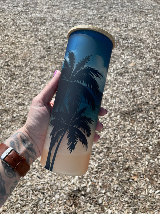 25oz palms and blue skies glass can with lid and straw