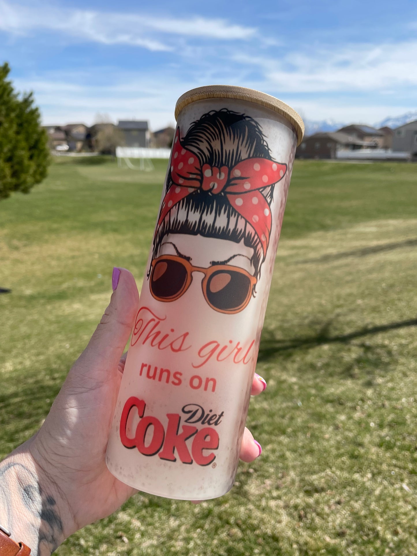 25oz Running on Diet Coke inspired glass can with lid