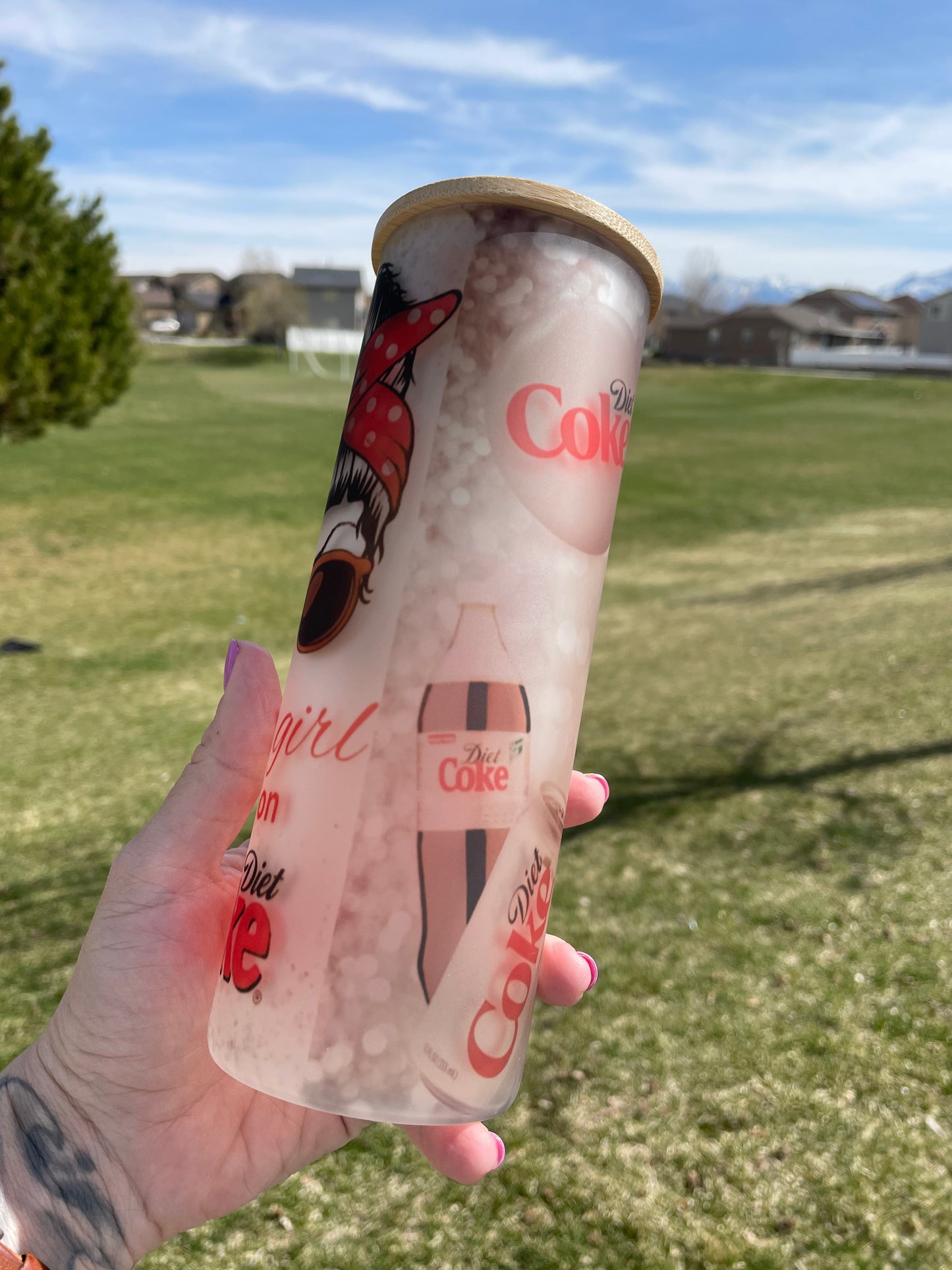 25oz Running on Diet Coke inspired glass can with lid