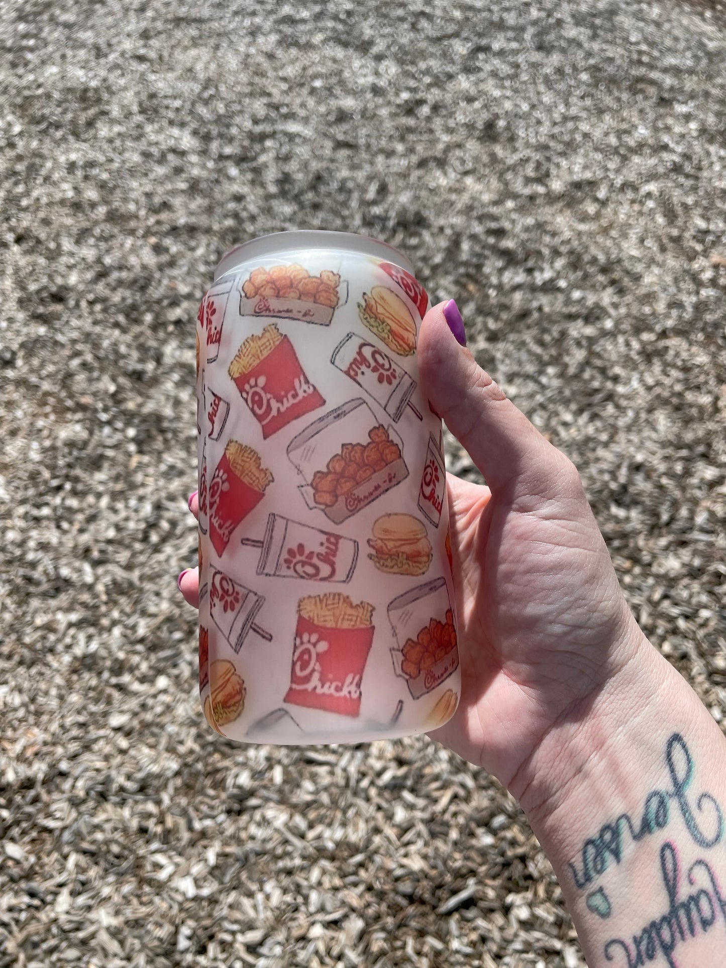 16oz Chick Fil A Inspired Glass Can with lid and straw