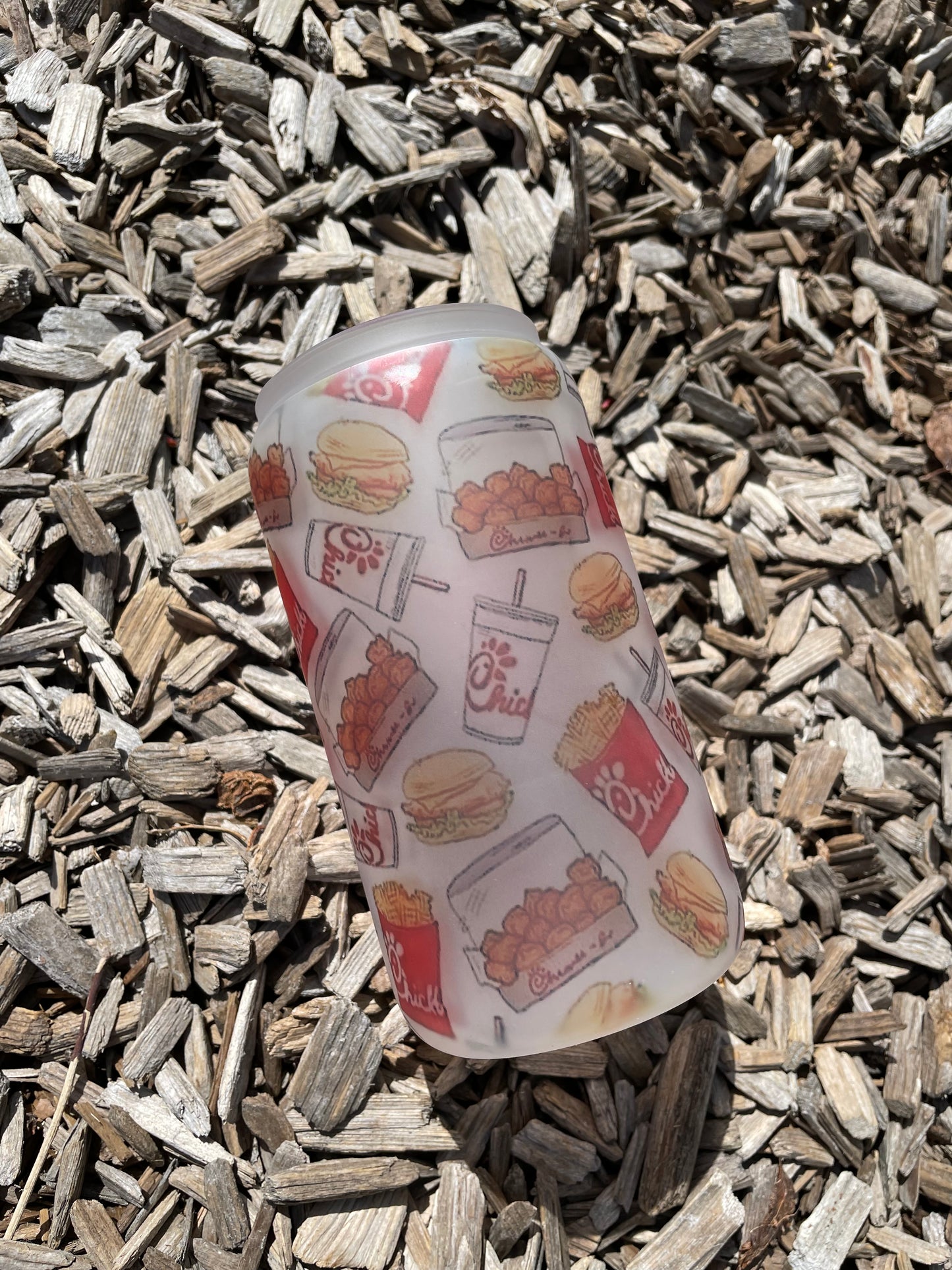 16oz Chick Fil A Inspired Glass Can with lid and straw