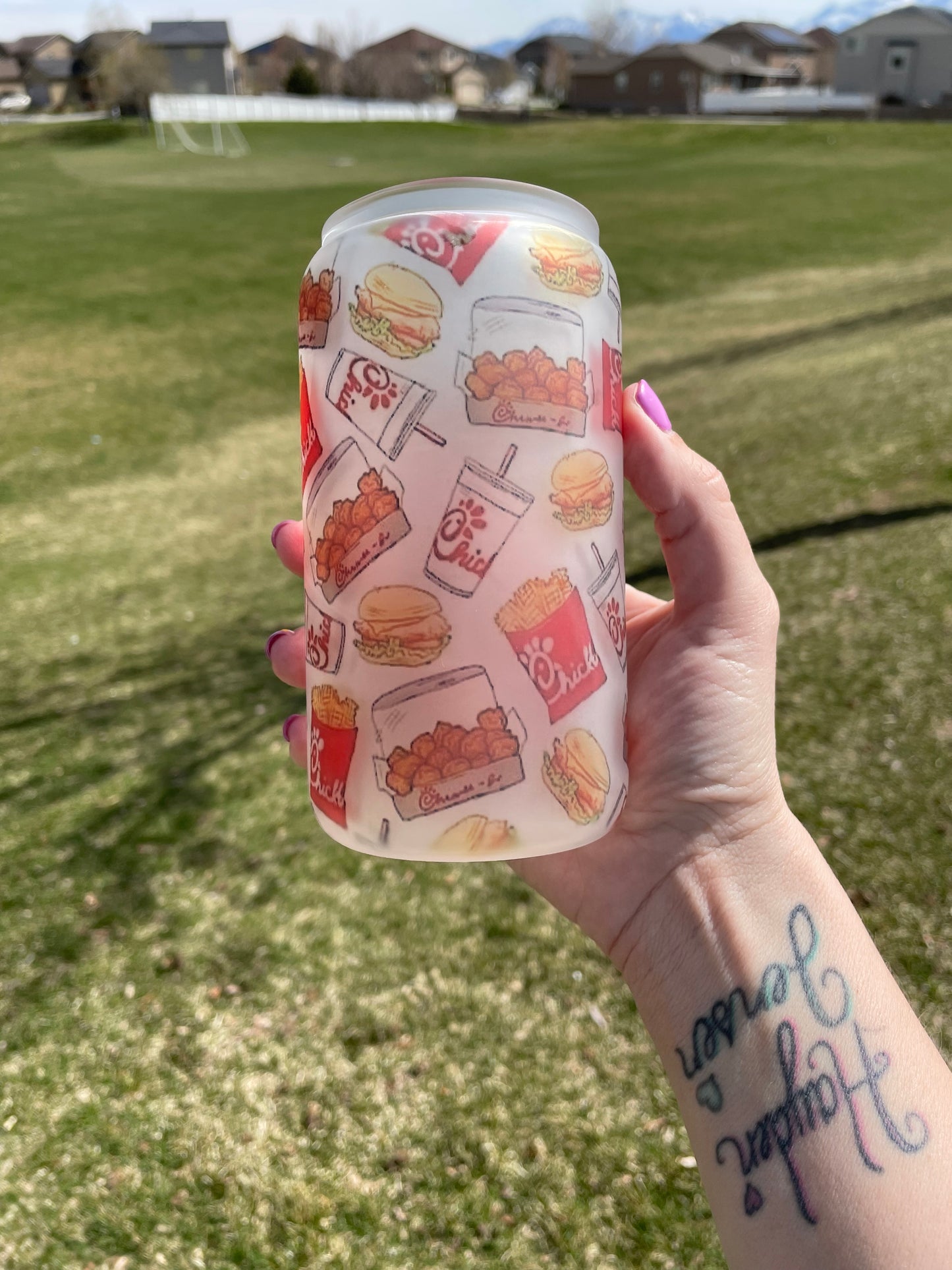 16oz Chick Fil A Inspired Glass Can with lid and straw