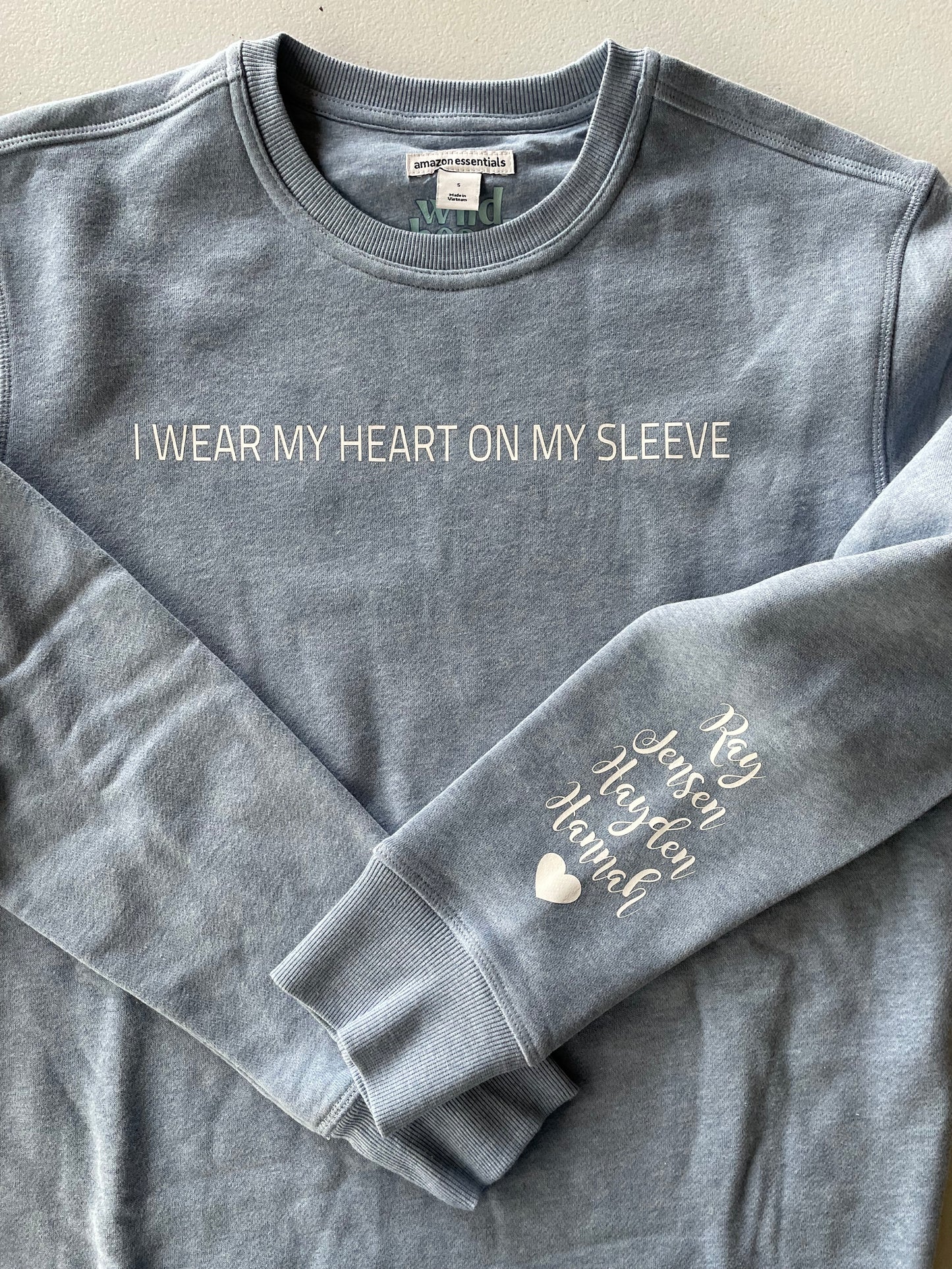 Blue "I Wear My Heart On My Sleeve" PERSONALIZED sweatshirt