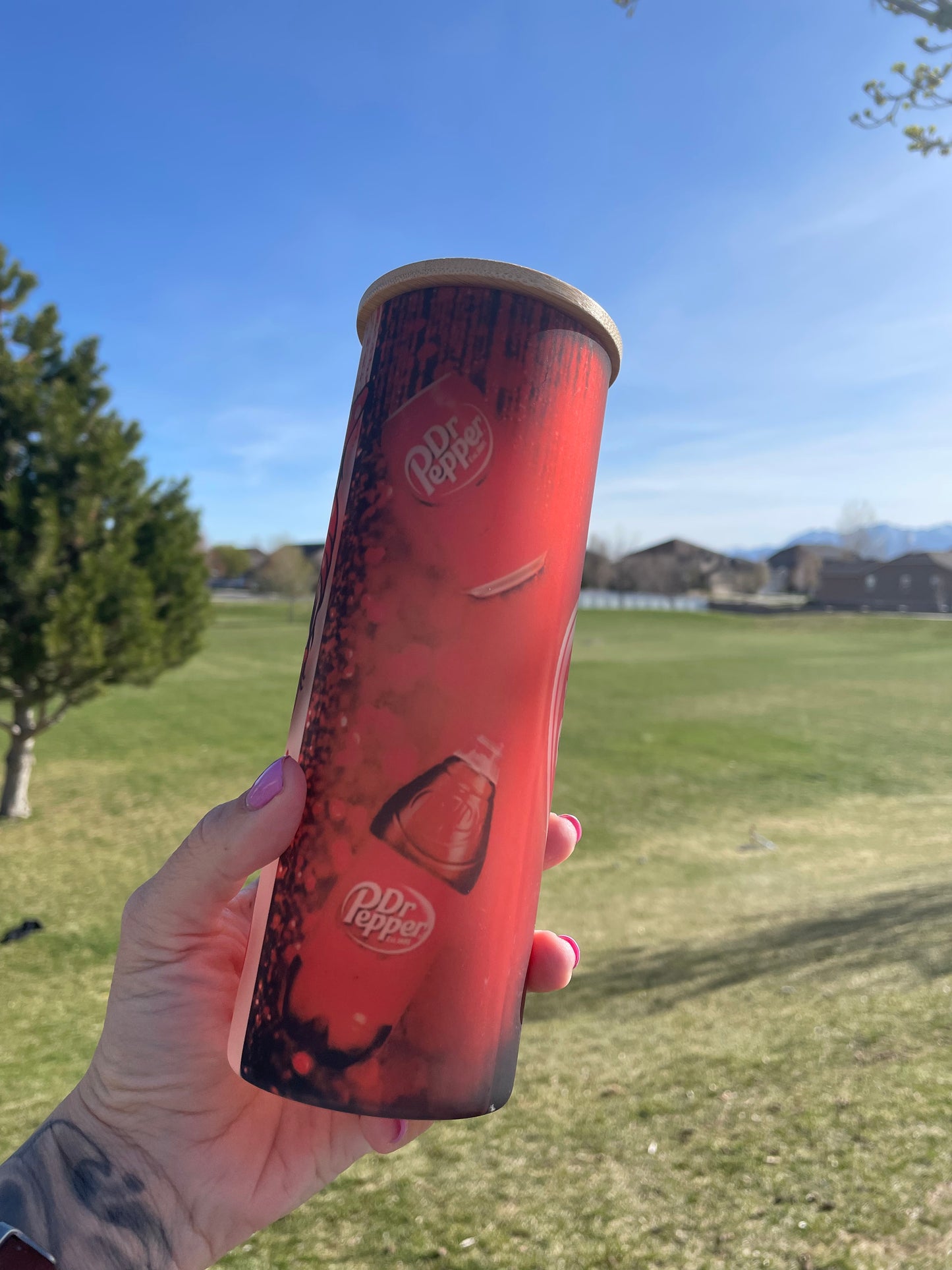 25oz Running on Dr Pepper inspired glass can with lid