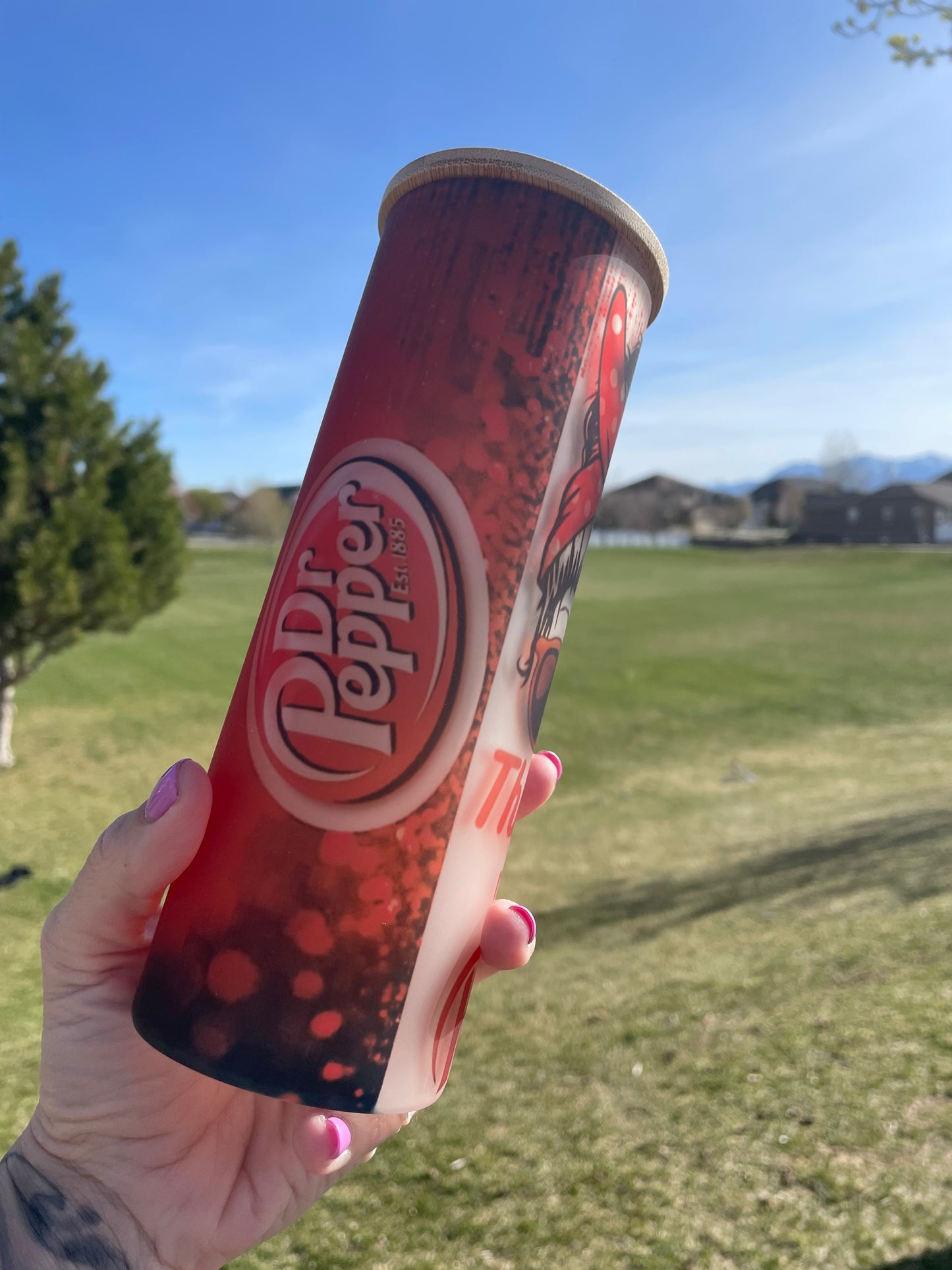 25oz Running on Dr Pepper inspired glass can with lid